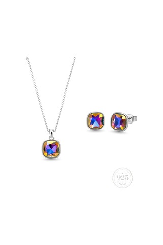 Servi 925 Ayar Gümüş Multicolor Kristal Taşlı Gökkuşağı Kolye Küpe Set-486