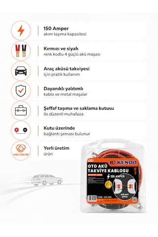 Kendo 150 Amper Oto Akü Takviye Kablosu Ktk 302 Taşıma Kutulu