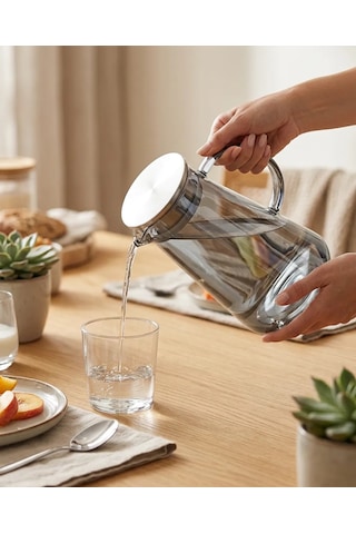 Borosilikat Cam Füme Demlikli Sürahi 1.9 L Bitki Çayı, Detoks Ve Soğuk İçecekler