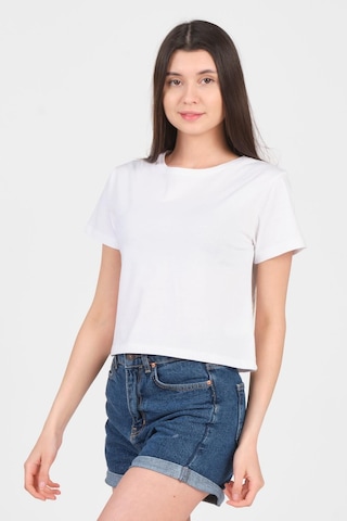 As Collection Beyaz Bisiklet Yaka Kısa Kol Örme Kadın Crop Beyaz