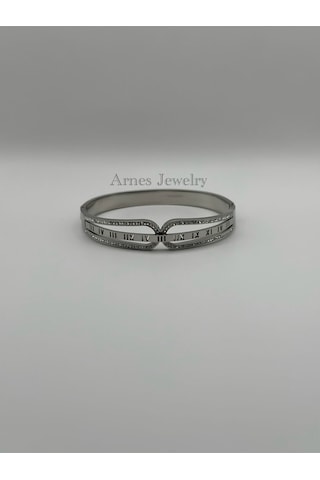 Arnes Jewelry Çelik Silver Roma Rakamlı Kelepçe Bileklik Ar10 Silver