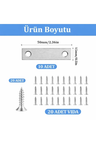 10 Ad. Düz Gönye Bağlantı Demiri 15x50 Mm 20 Ad Vida - Eşya Dolap Sabitleme Köşe Birleştirme Aparatı Metalik