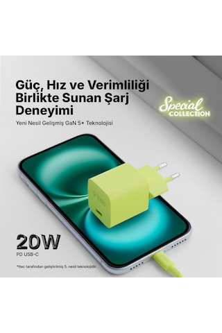 Smartcharger Gan 20w Pd Seyahat Hızlı Şarj Aleti + Usb-c - Lightning 120cm Kablo Neon Sarı