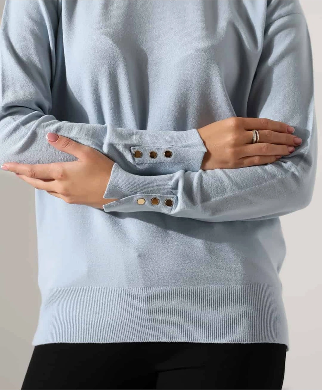 Gündelik Şıklık Kol Düğme Detay Triko Kazak Mavi