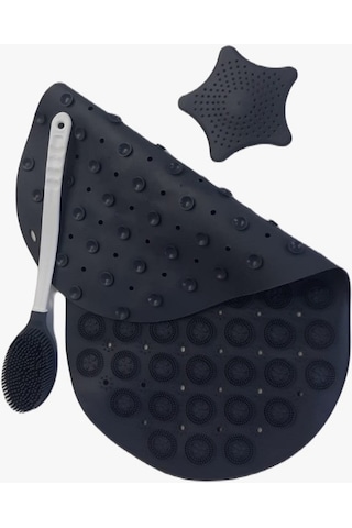 3 Parça Set Masajlı ve Duş Kaydırmaz Çift Taraflı Banyo Duş Vucüt Fırçası Yıldızküvet Süzgeci Siyah