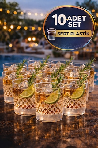10 Lu Yuvarlak Desenli Plastik Viski Bardağı I Sert Şeffaf Kokteyl Meşrubat Bardak Parti 220 Cc