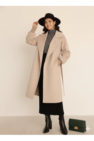 Kadın Siyah Kaşe Uzun Kaban Maksi Boy Palto Geniş Yakalı Düz Kesim Kışlık Bej