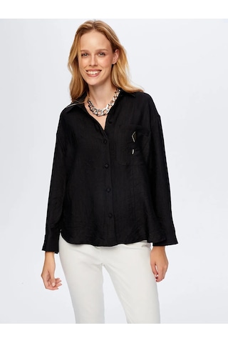 Faik Sönmez Metal Aksesuarlı Kendinden Dokulu Kadın Gömlek W26gml016 Siyah