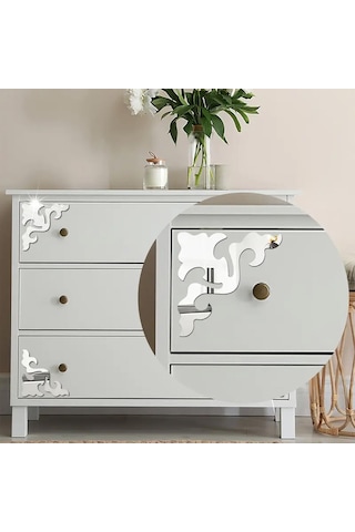 Yaprak-motif Desenli Pleksi Köşe Ayna Silver Gümüş