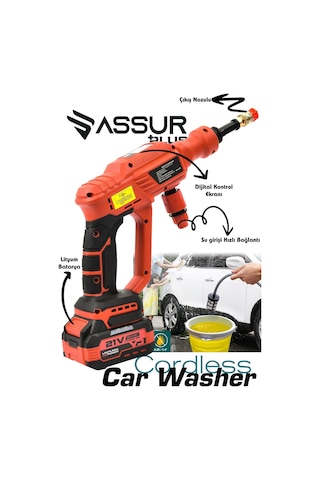 Assur Plus 21V Kömürsüz Motor Yüksek Basınçlı Akülü Oto Araba Yıkama Makinesi Şarjlı - 2855