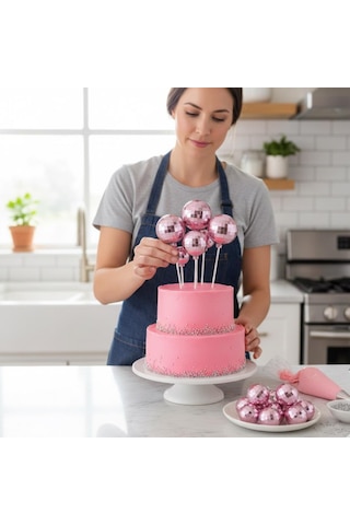 Disko Top Pembe Pasta Ve Tatlı Üzeri Dekoratif Süs 12 Li Set
