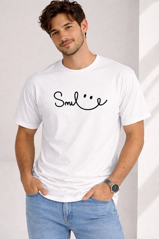 Nevermind Unisex Tişört Smile Baskılı Basic Oversize Günlük Rahat Beyaz