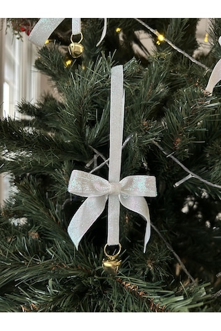 Yılbaşı Simli Beyaz Kadife Kurdeleli Zilli Zincir Lüks Noel Çam Ağacı Süsü 5 Adet