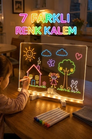 Işıklı Çizim Boyama Tahtası 7 Adet Kalem Hediyeli Neon Işıklı Eğitici Tahta