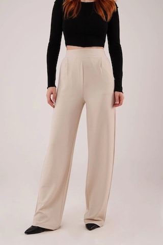 Defymoda Yüksek Bel Bol Paça Krep Krem Pantolon Krem