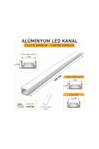 Alüminyum Led Kanal 1m 15mm İç Genişlik 20mm Dış Ölçü Şerit Led Profil Kapaklı