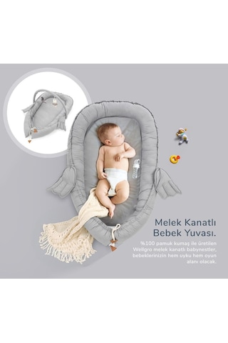 Melek Kanatlı Babynest Bebek Yatağı-gri, İlk Yatağım, Oyuncak Barlı Bebek Yuvası
