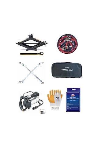 7 Parça Set Trafik Seti+kriko+bijon+takviye Kablosu+kompresör+kaza Tutanağı+eldiven