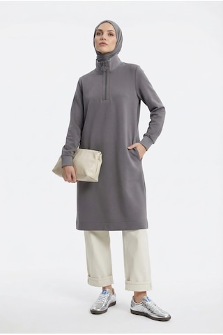 Armine Fermuar Detaylı Basic Tunik Gri
