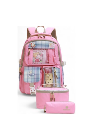 Relaxion 2203-1395 Kore Tarzı Unisex Çocuk Üçlü Set İlkokul Sırt Çantası Pembe