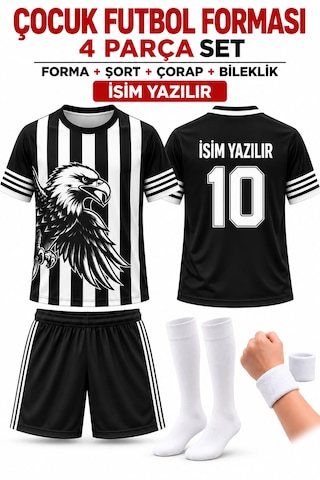 Yenteks İsim Yazılır Çocuk Futbol Forması Siyah Beyaz Kartal Dijital Baskı 4 Parça Siyah Şort Beyaz - Siyah