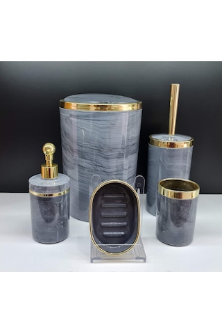 Akrilik Yuvarlak Banyo Seti Antrasit Gri Mermer Gold Kromaj 5'Li Gri Akrilik Yuvarlak Banyo Seti Antrasit Gri Mermer Gold Kromaj 5'Li Gri