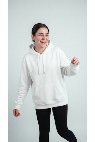 Hoxie Unisex Rahat Kesim Pamuklu Yumuşak Dokulu İçi Polarlı Basic Desenli Kapüşonlu Sweatshirt Beyaz
