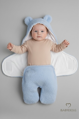 Babyden's 0-12 Ay Welsoft Peluş Bebek Dış Kundak Uyku Tulumu Ayıcık Kulaklı İçi %100 Pamuk Astarlı Battaniye Mavi