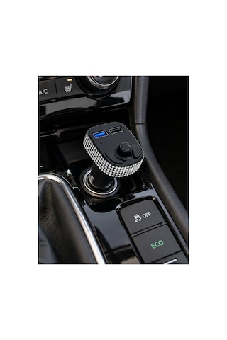 Araç İçi Kristal Gümüş Taşlı Fm Transmitter Bluetooth 2 Usb Oto Çakmaklık