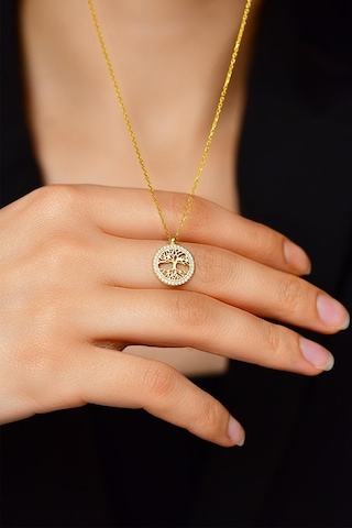 Erdobia Zirkon Taşlı Gold Yaşam Ağacı Gümüş Kolye N10106