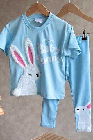 Lolliboomkids Kız Çocuk 3d Sevimli Tavşan Peluş Aplike Detaylı Pamuklu T-shirt Fitilli Tayt Alt Üst Takım Bebe Mavi