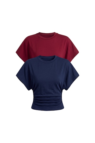 Genius Store Kadın Yarasa Kollu Bluz Pamuklu 2 Li Bluz Yarasakol-2 Lacivert-bordo