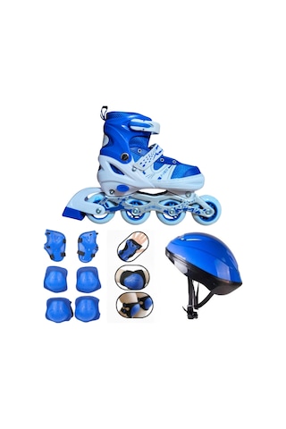 Mavi Ayarlanabilir, Full Set Kask Dizlik Seti Dahil Çocuk Başlangıç Pateni Mavi
