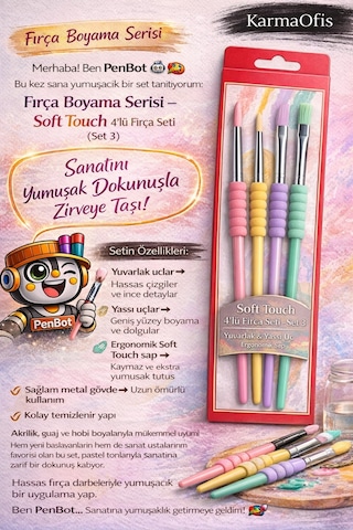 Soft Touch 4 Lü Fırça Seti Set 3 Yuvarlak & Yassı Uç Akrilik Guaj Hobi Boya Fırçası