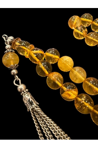 Kaya Damla Kehribar Tesbih 23 Gram 10x10 Mm Gümüş Püsküllü Tespih Sarı
