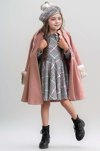 Riccotarz Kız Çocuk Kazayağı Desen Elbise Kolları Peluş Ve Omuzları İnci İşleme Kemerli Pembe Kaşe Kaban Pembe
