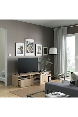 Tv Sehpası, Ağartılmış Meşe Görünümlü, 180x42x39 Cm, Lappvıken, Fren Raylı Meşe