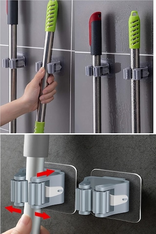 4 Lü Kelebek Yapışkanlı Mop Fırça Çekpas Sap Tutucu Organizer Banyo Düzenleyici Çokrenkli