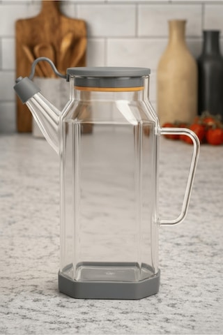 Şeffaf Cam 800 Ml Yağdanlık Sürahi Akıtmaz & Kaymaz Silikon Tabanlı Yağlık - Gri Gri