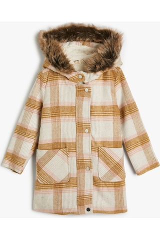 Koton Oversize Kaban Kapşonlu Suni Kürk Detaylı Çıtçıt Kapaklı Cepli Ekru Ekose 4wkg00002aw 4WKG00002AW0C1 Ekru