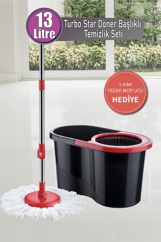 Grimorlife Turbo Star Black Microfiber Döner Başlıklı Temizlik Seti Büyük Boy Mop 13 Lt.+yedek Mop Hediyeli