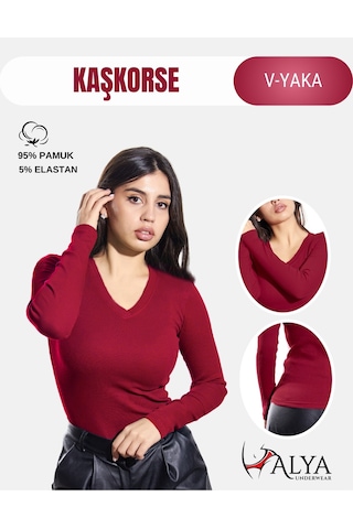 Alya Underwear Pamuklu Kaşkorse V Yaka Body Sweatshirt, Fitilli Kumaş Likralı Bluz, Asker Yeşili Badi Bordo