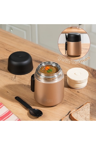 Porsima Paslanmaz Çelik Vakumlu Yemek Termosu Beslenme Kutusu Taşınabilir Lunch Box Sefer Tası Bronz 600 Ml Bronz