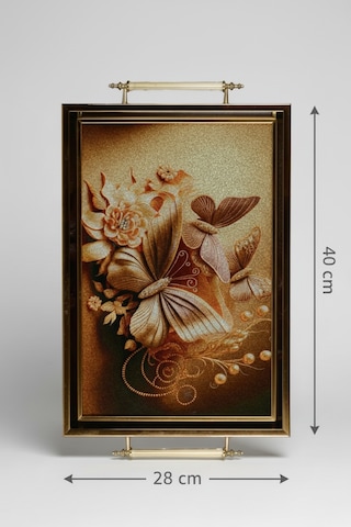 Altın Kelebek Desenli 40x28cm Metal Kulplu Lüks Sunum Ve Servis Tepsisi