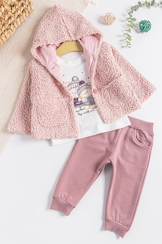 Kapüşonlu Hırkalı 3'lü Kız Bebek Takım 001