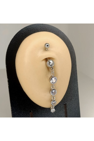 Aya Tasarım Gümüş Renk Beş Taşlı Model Göbek Piercing Gümüş