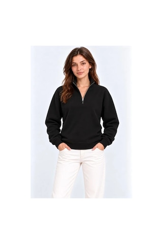 Butik İstanbul Üç İplik İçi Şardonlu Dik Yaka Yarım Fermuarlı Kışlık Sweatshirt - Siyah