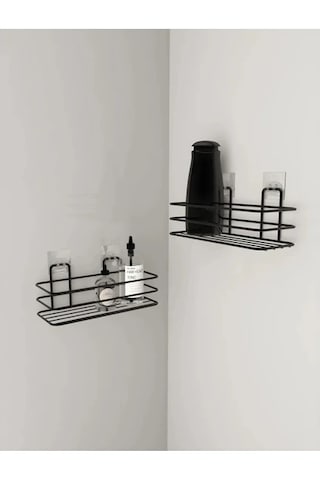 Siyah Yapışkanlı Banyo Düzenleyici 2 Adet Banyo Rafı Şampuanlık Siyah
