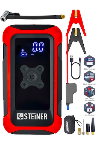 Steiner 16.000 Mah 4'ü 1 Arada 10 Bar Dijital Göstergeli Powerbank Led Fener Şarjlı Akü Takviye Cihazı Hava Kompresörü Kırmızı