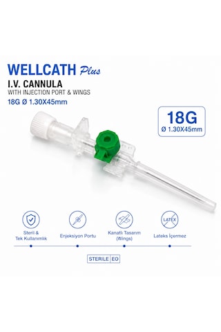 Wellmed Wellcatch Plus 18g Yeşil İ.v. Branül 1.30 45 Mm Portlu Kanatlı Steril 500 Adet